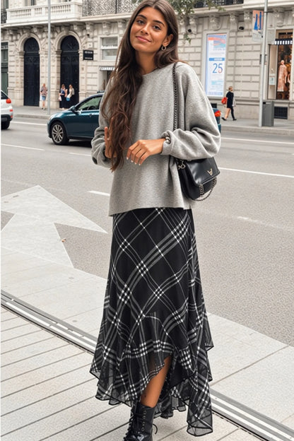 Alzya Black & White Plaid Asymmetric Scarf-Hem Midi Skirt 