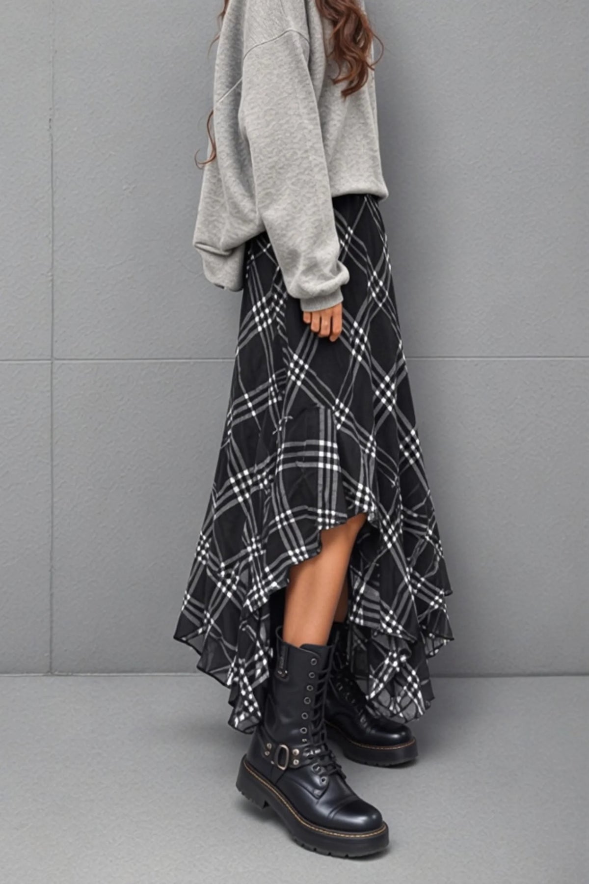 Alzya Black & White Plaid Asymmetric Scarf-Hem Midi Skirt 