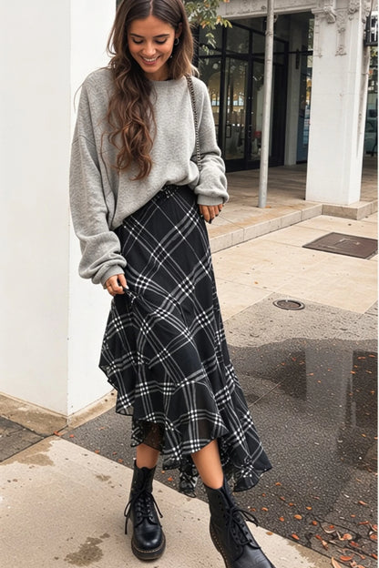 Alzya Black & White Plaid Asymmetric Scarf-Hem Midi Skirt 