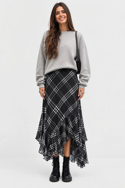 Alzya Black & White Plaid Asymmetric Scarf-Hem Midi Skirt 