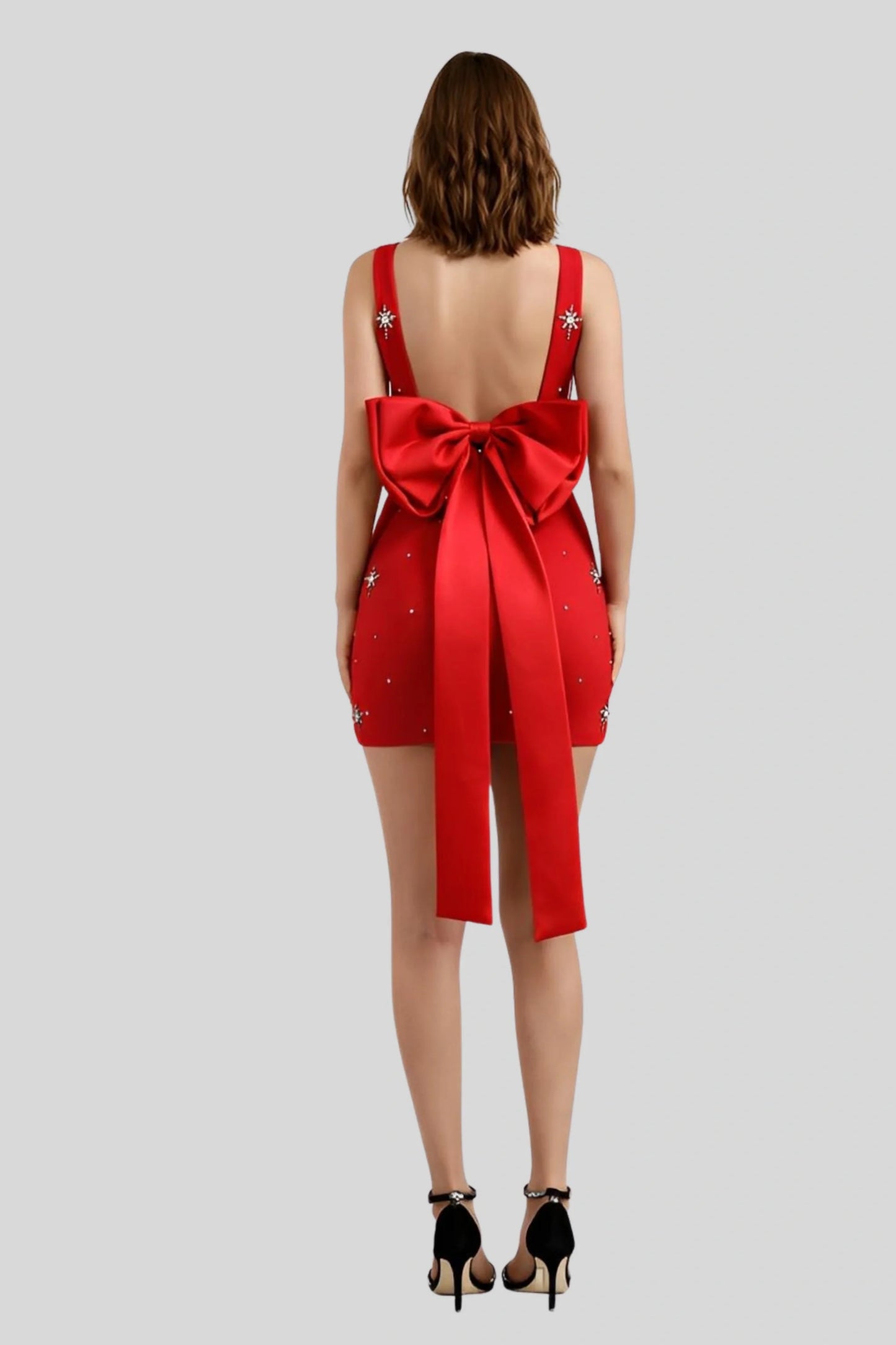 Sleeveless Bandage Mini Dress with Diamond Bow Black