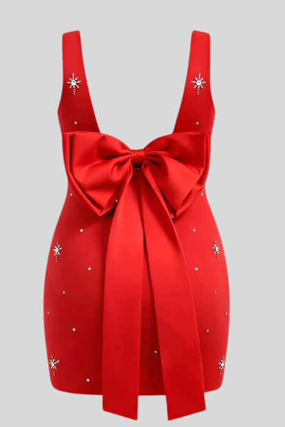 Sleeveless Bandage Mini Dress with Diamond Bow Black