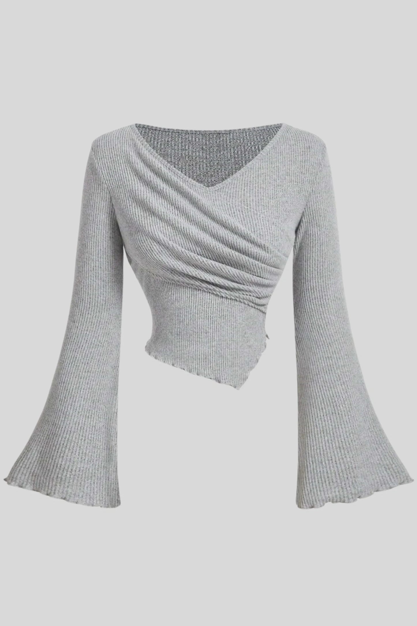 Light Grey Ribbed Long-Sleeve Top with Wrap Front and Bell Sleeves Light Grey