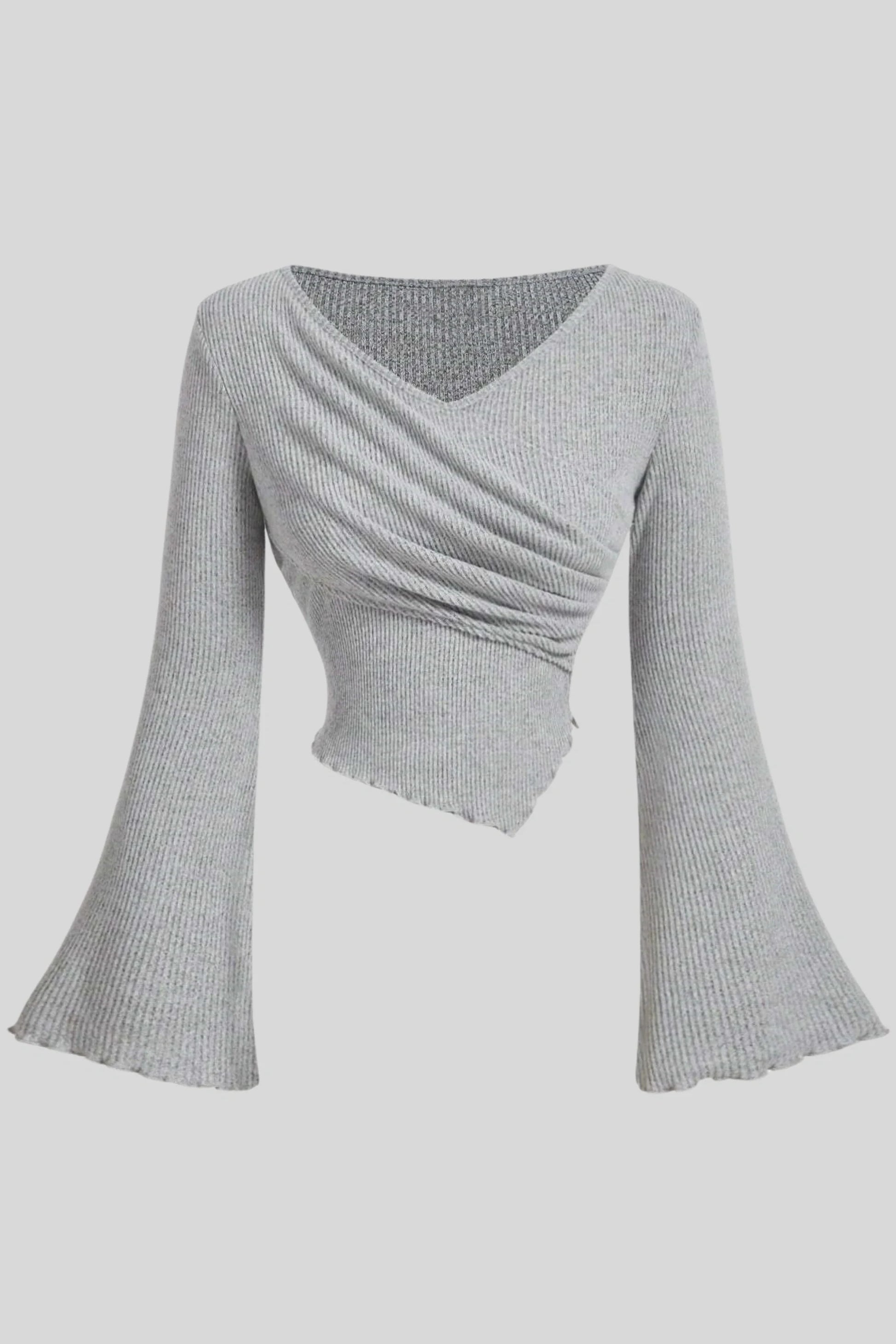 Light Grey Ribbed Long-Sleeve Top with Wrap Front and Bell Sleeves Light Grey