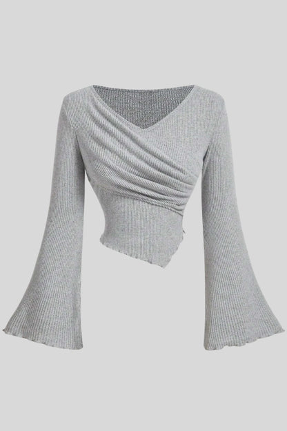 Light Grey Ribbed Long-Sleeve Top with Wrap Front and Bell Sleeves Light Grey