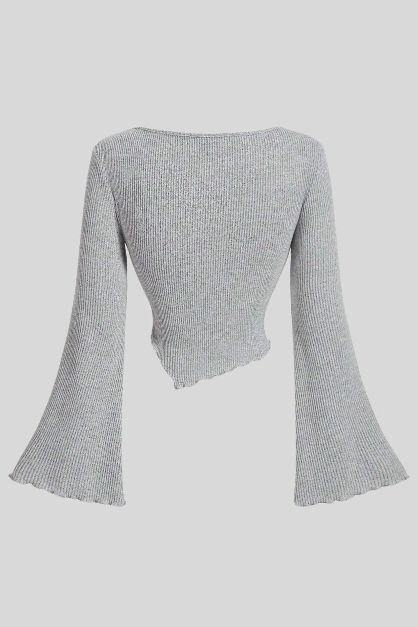 Light Grey Ribbed Long-Sleeve Top with Wrap Front and Bell Sleeves Light Grey