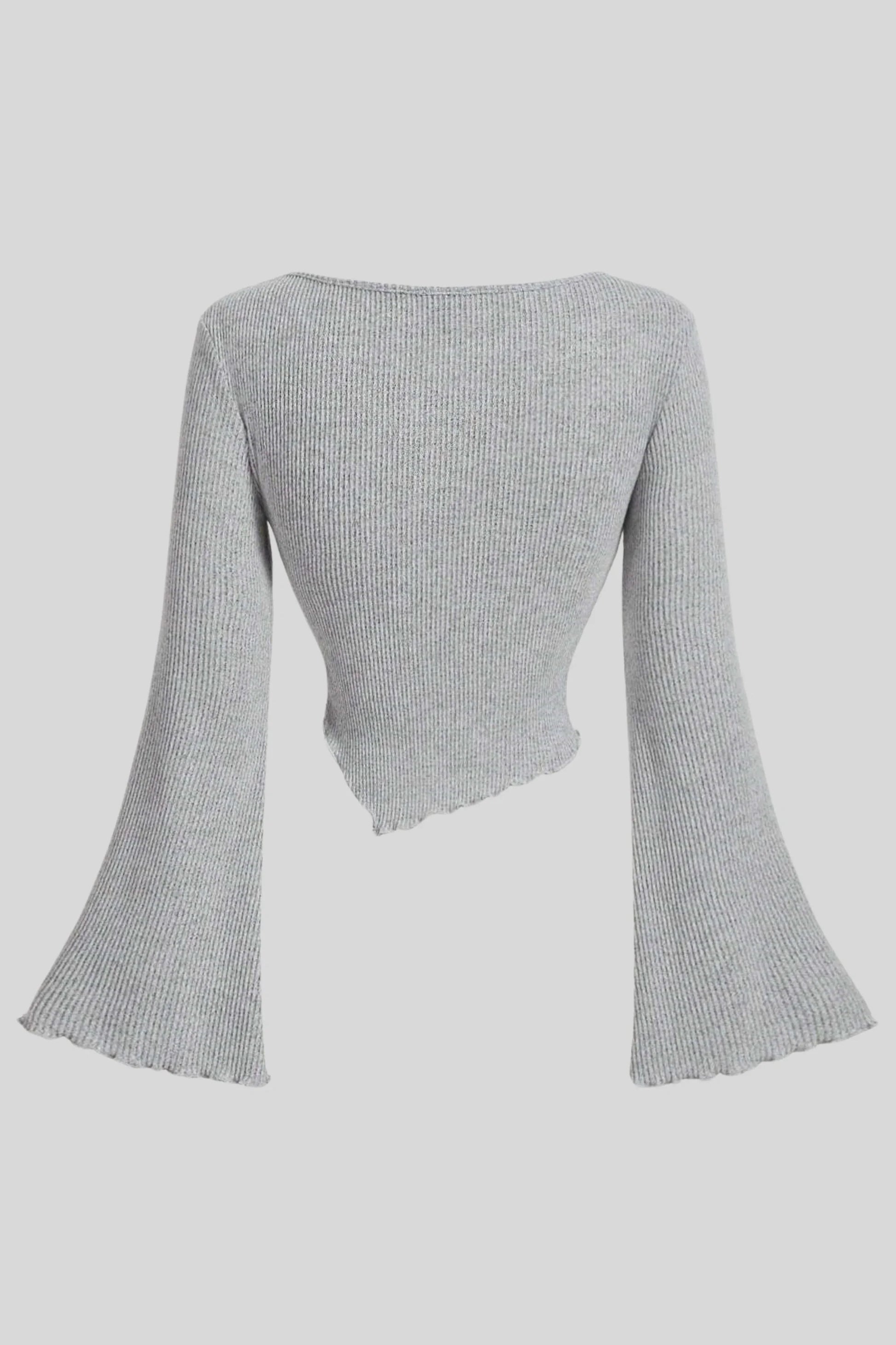 Light Grey Ribbed Long-Sleeve Top with Wrap Front and Bell Sleeves Light Grey