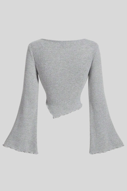 Light Grey Ribbed Long-Sleeve Top with Wrap Front and Bell Sleeves Light Grey