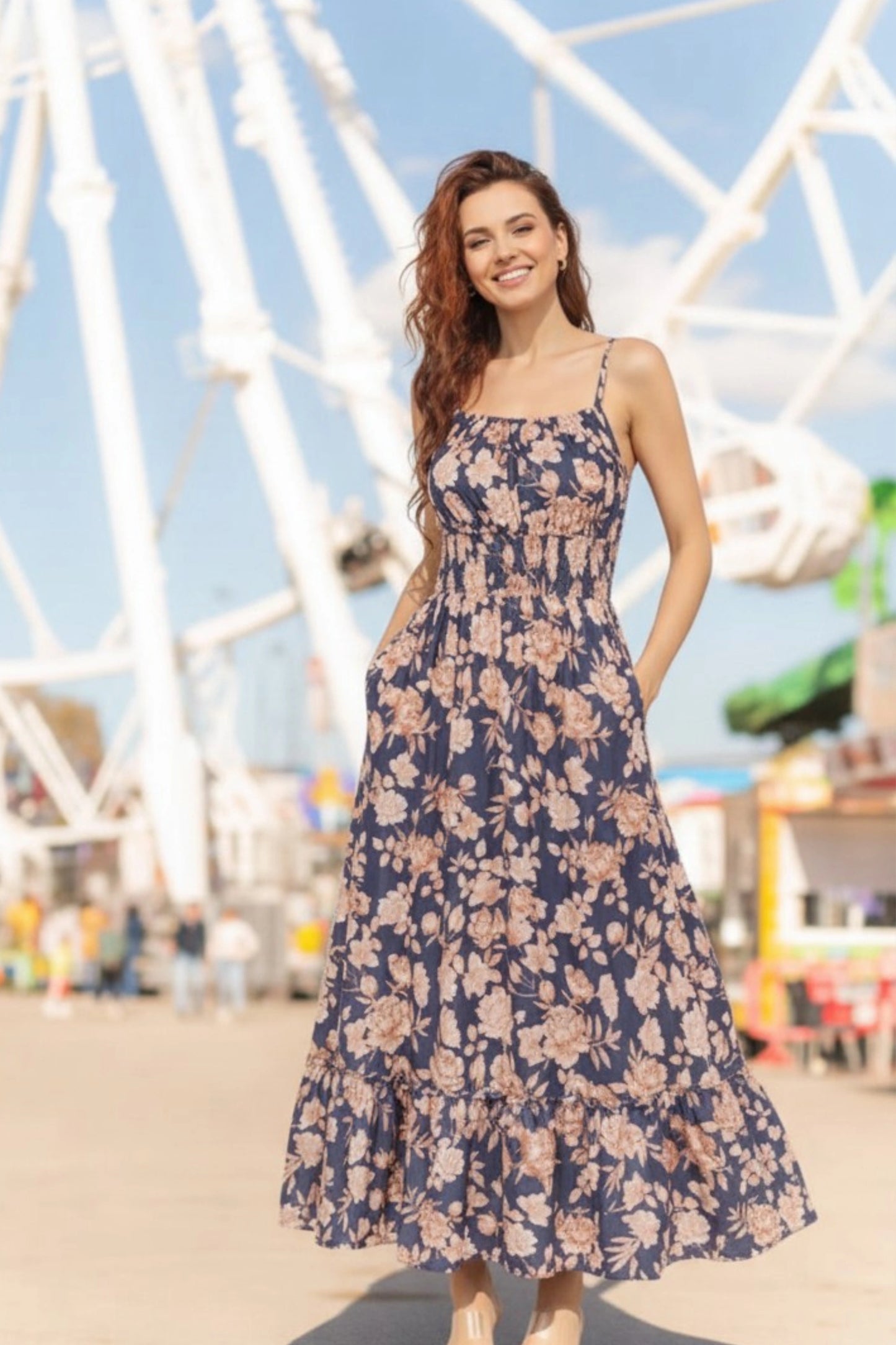 6 floral maxi sundress smocked bodice spaghetti strap tiered ruffle hem Navy