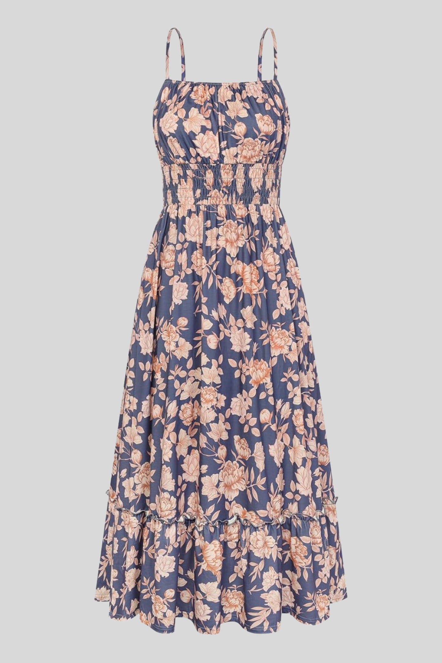 6 floral maxi sundress smocked bodice spaghetti strap tiered ruffle hem Navy