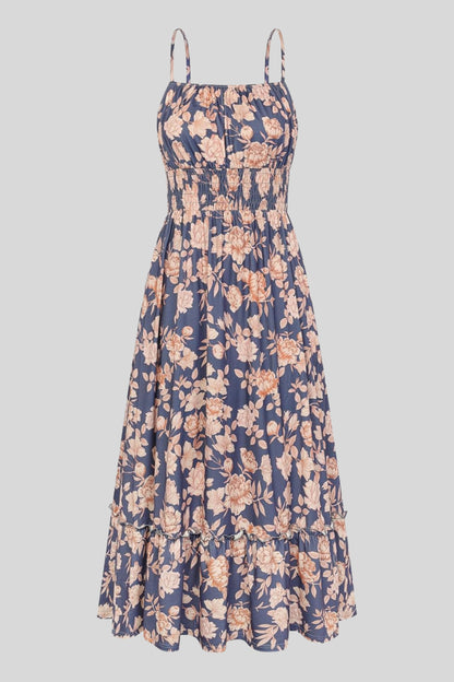6 floral maxi sundress smocked bodice spaghetti strap tiered ruffle hem Navy