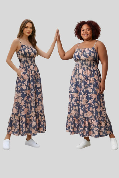 6 floral maxi sundress smocked bodice spaghetti strap tiered ruffle hem Navy