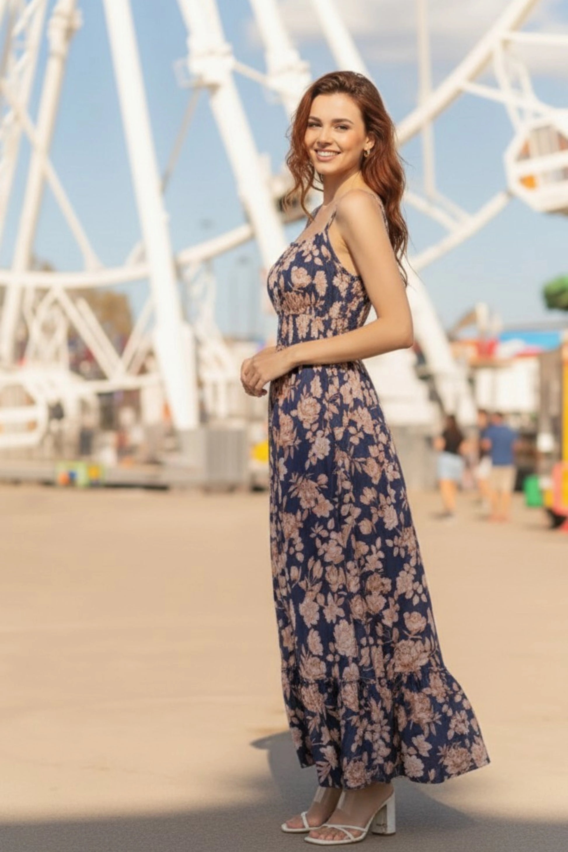 6 floral maxi sundress smocked bodice spaghetti strap tiered ruffle hem Navy