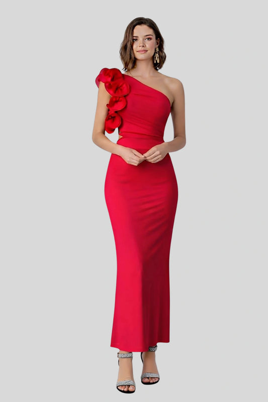 One-Shoulder Mesh Midi Dress with Waist Cut-Out Black