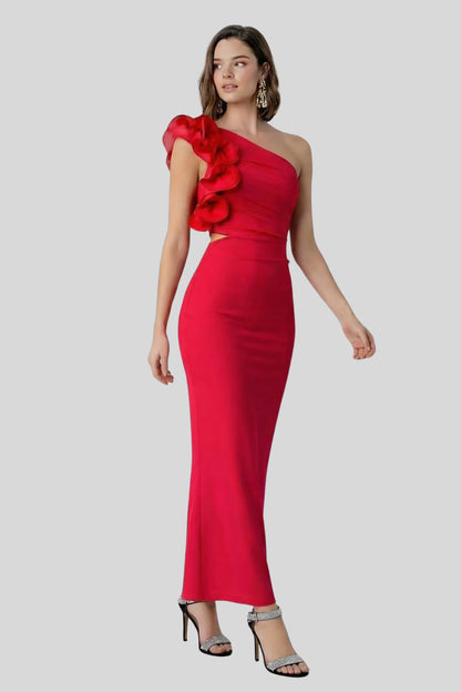 One-Shoulder Mesh Midi Dress with Waist Cut-Out Black