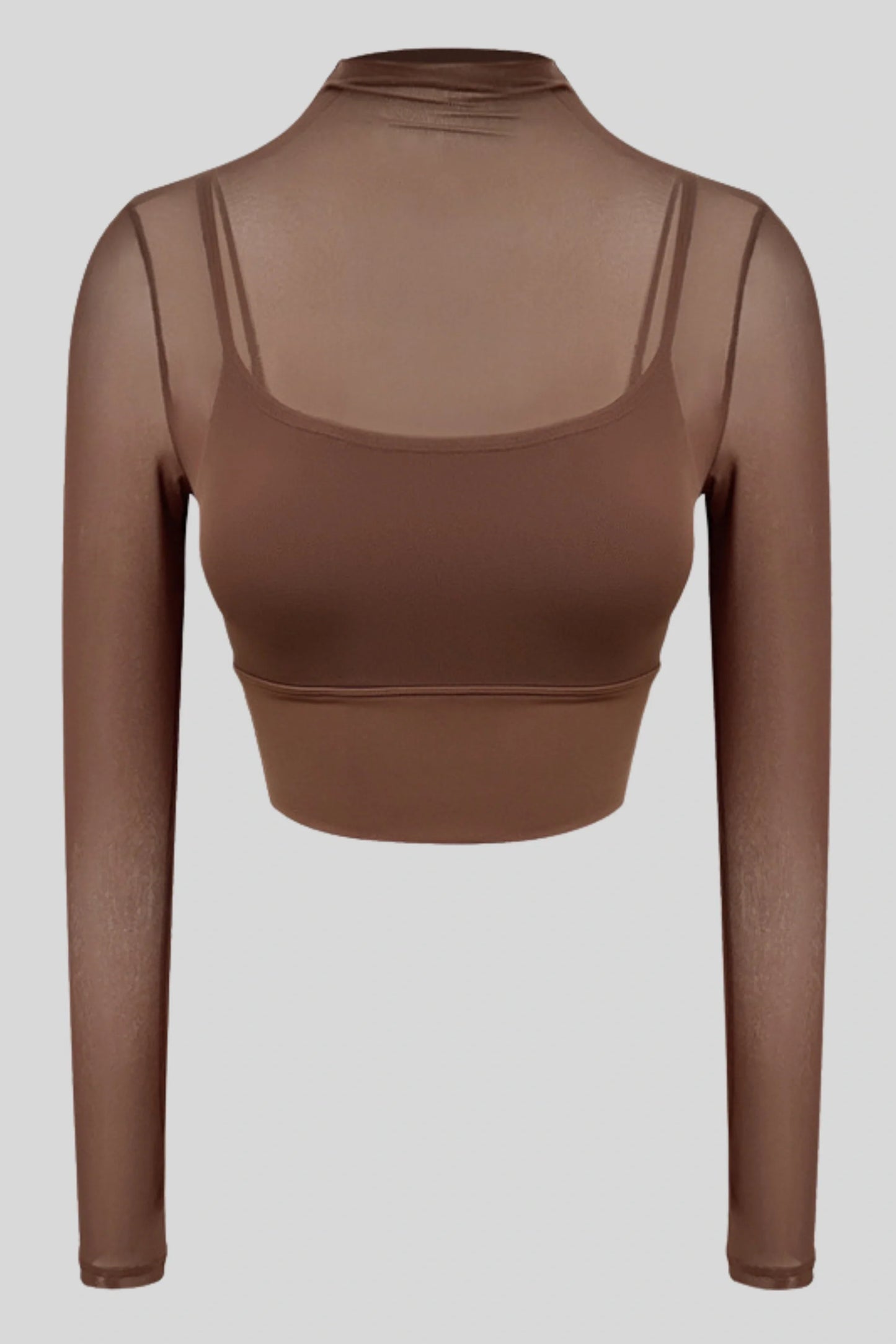 Cocoa Brown Mesh Long-Sleeve Crop Top with Built-in Bra Cocoa Brown