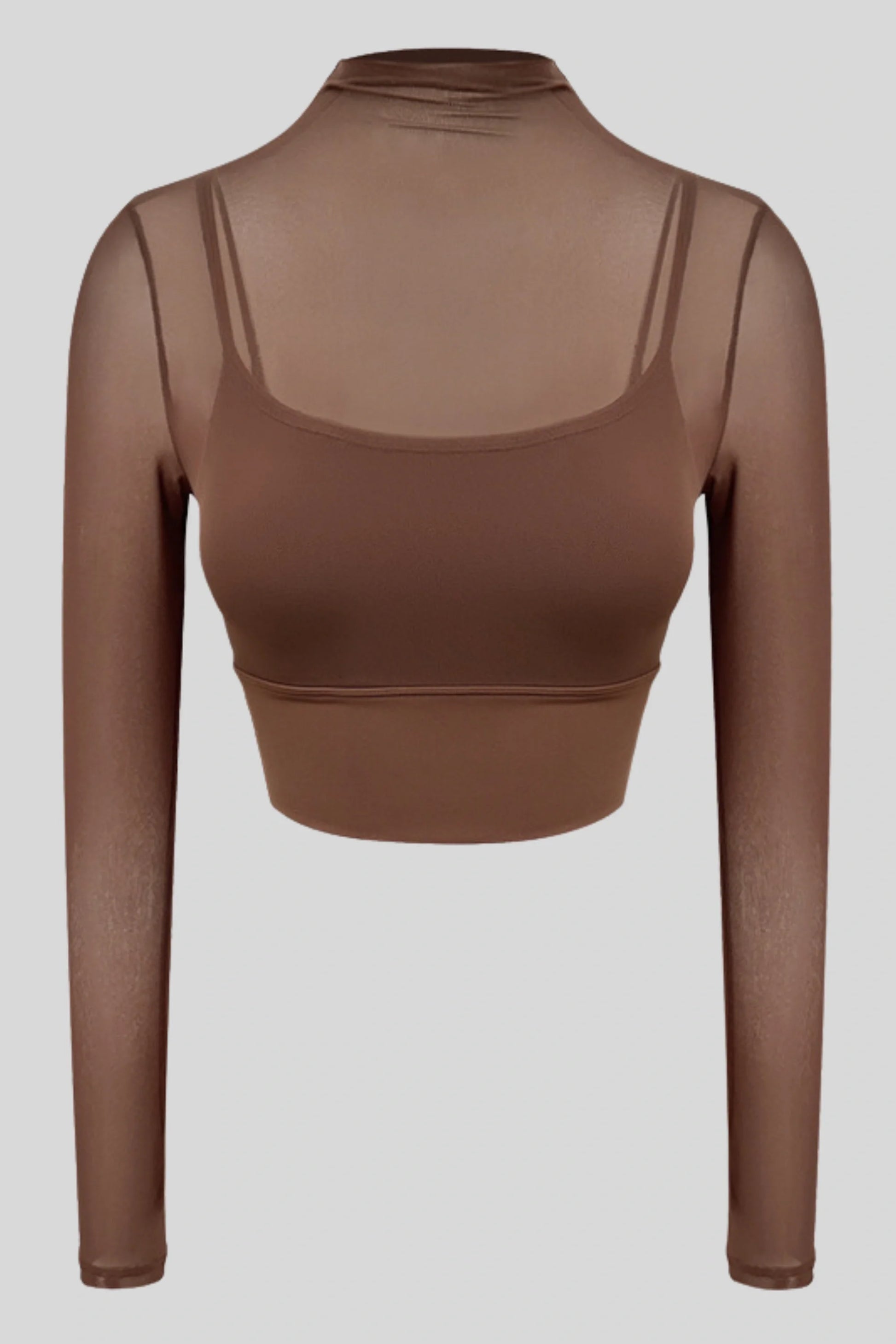 Cocoa Brown Mesh Long-Sleeve Crop Top with Built-in Bra Cocoa Brown