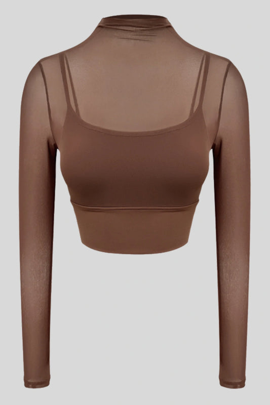Cocoa Brown Mesh Long-Sleeve Crop Top with Built-in Bra Cocoa Brown