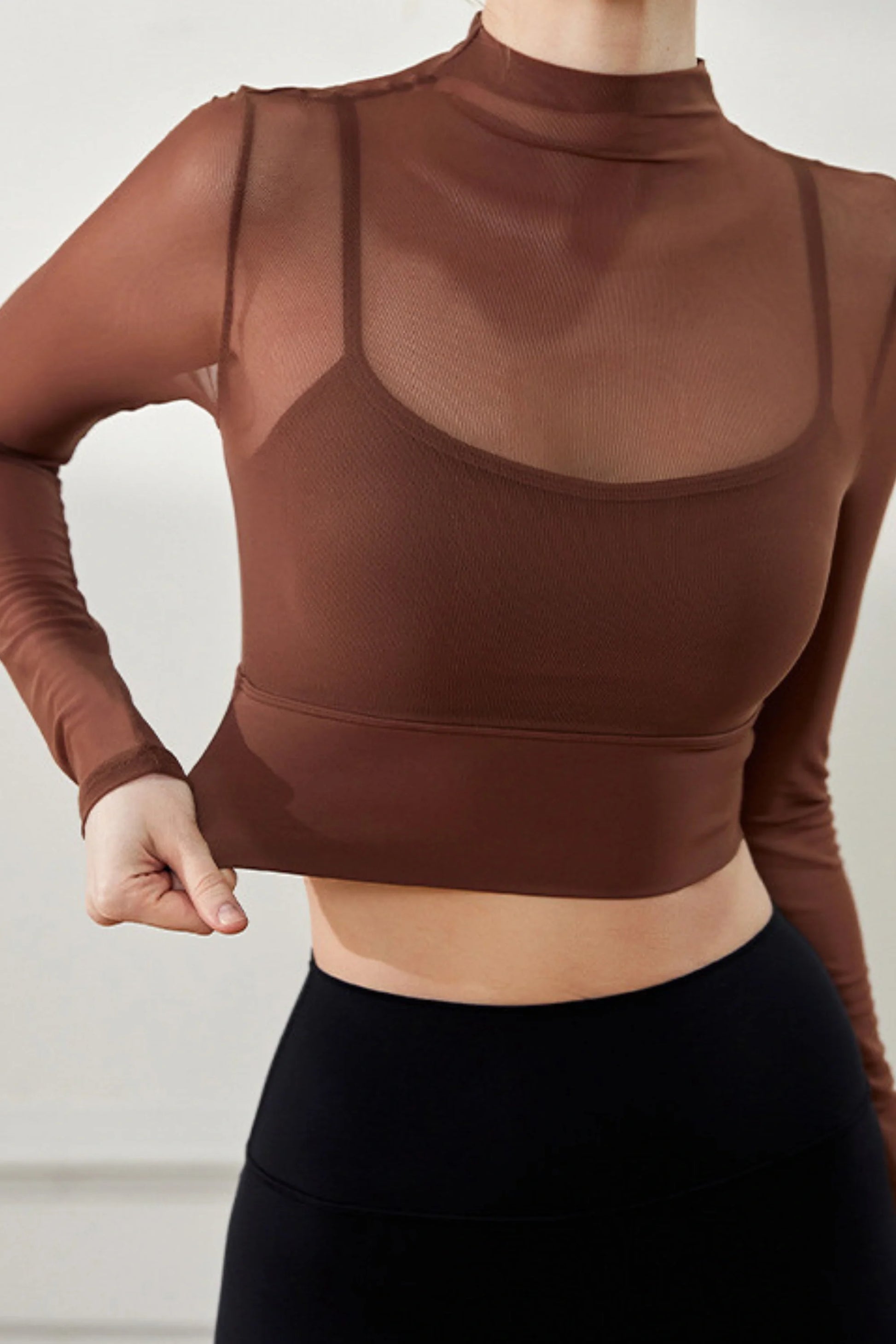 Cocoa Brown Mesh Long-Sleeve Crop Top with Built-in Bra Cocoa Brown