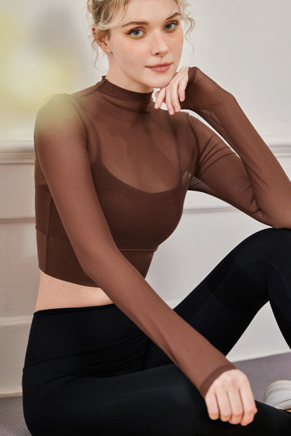 Cocoa Brown Mesh Long-Sleeve Crop Top with Built-in Bra Cocoa Brown