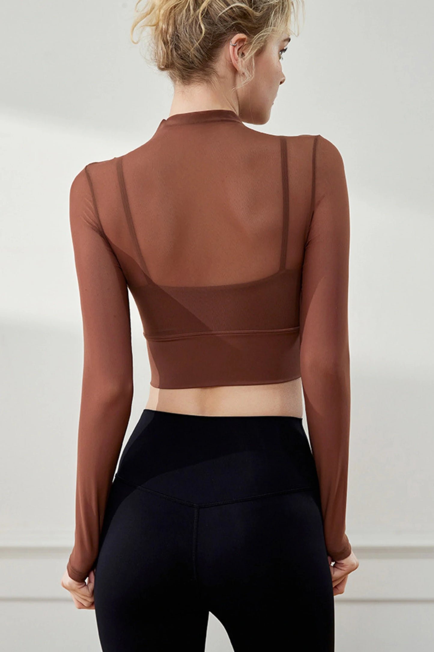 Cocoa Brown Mesh Long-Sleeve Crop Top with Built-in Bra Cocoa Brown