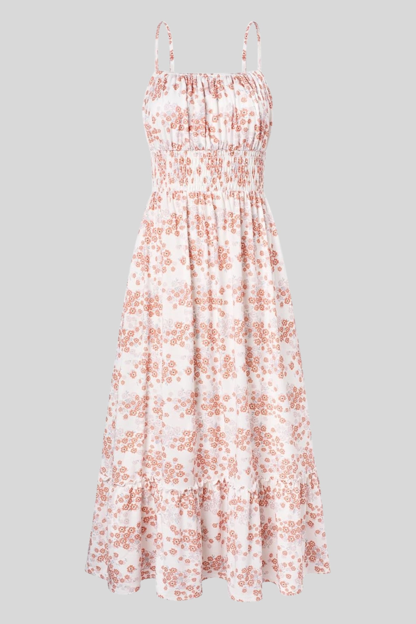 7 floral maxi sundress smocked bodice spaghetti strap tiered ruffle hem  Beige