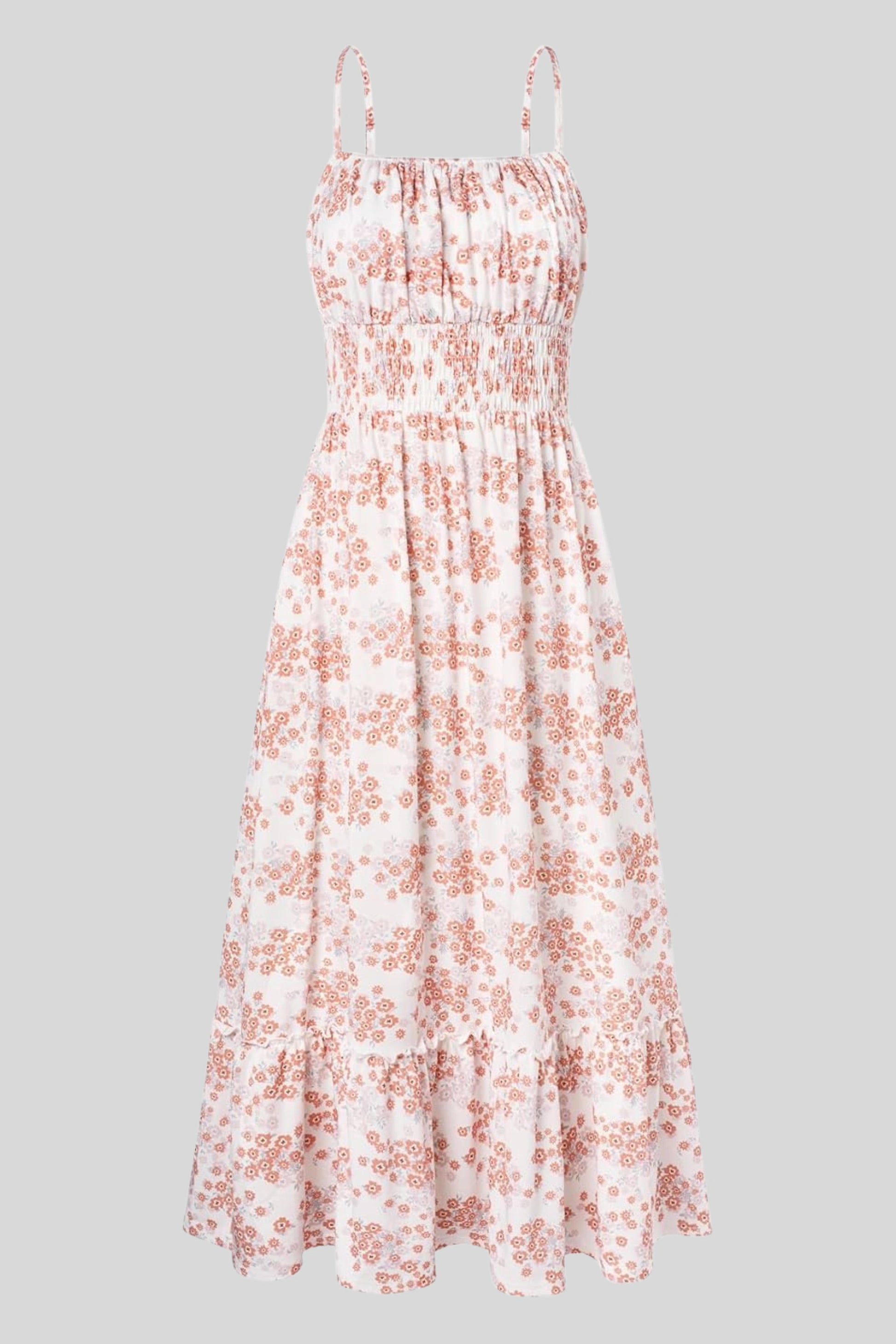 7 floral maxi sundress smocked bodice spaghetti strap tiered ruffle hem  Beige
