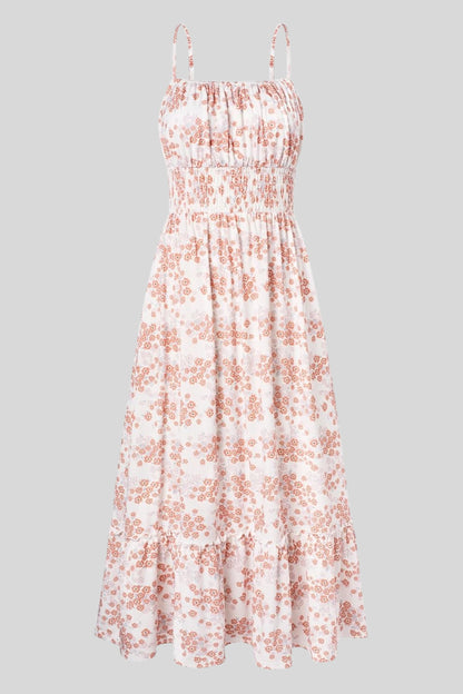 7 floral maxi sundress smocked bodice spaghetti strap tiered ruffle hem  Beige