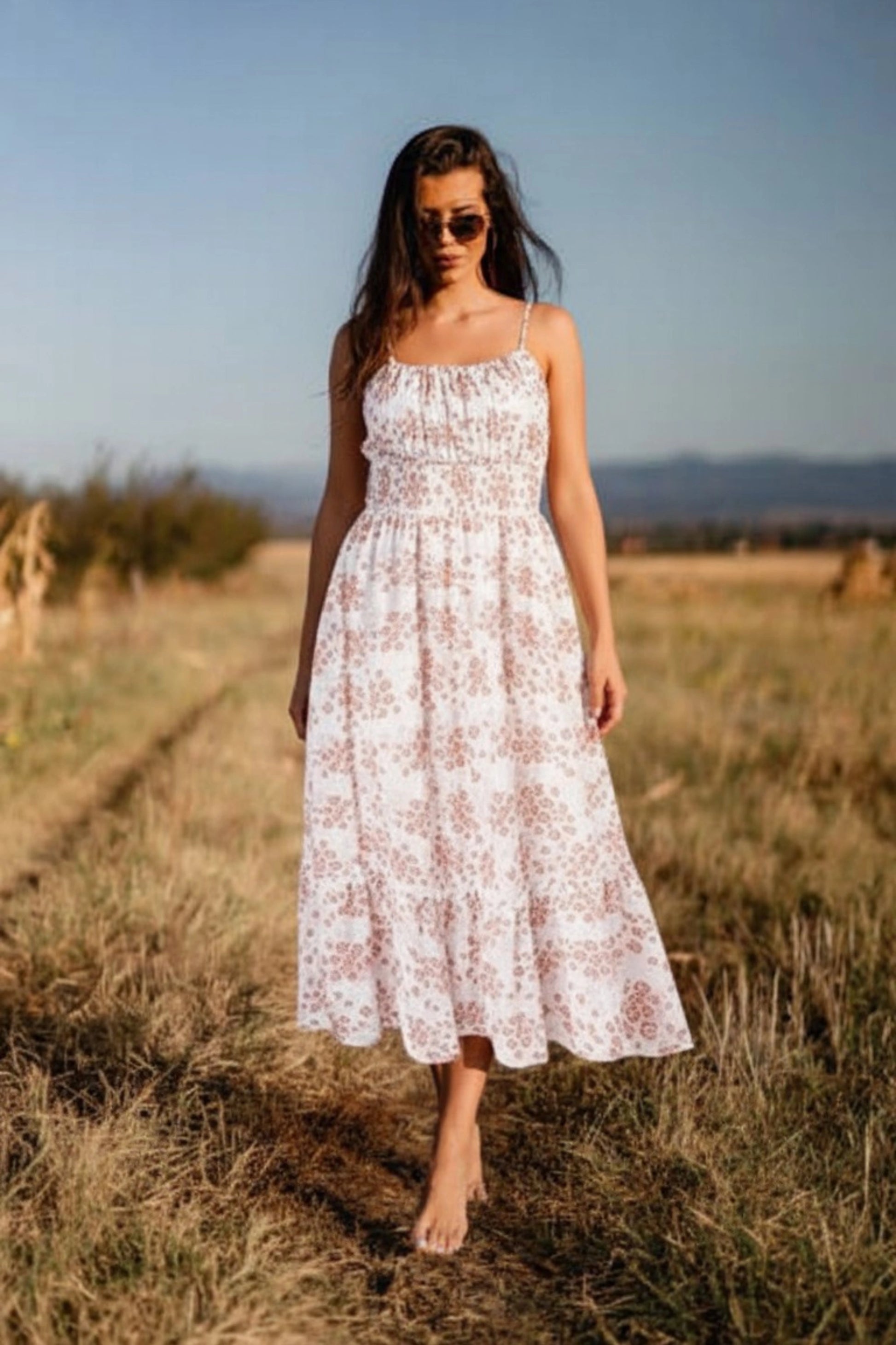 7 floral maxi sundress smocked bodice spaghetti strap tiered ruffle hem  Beige