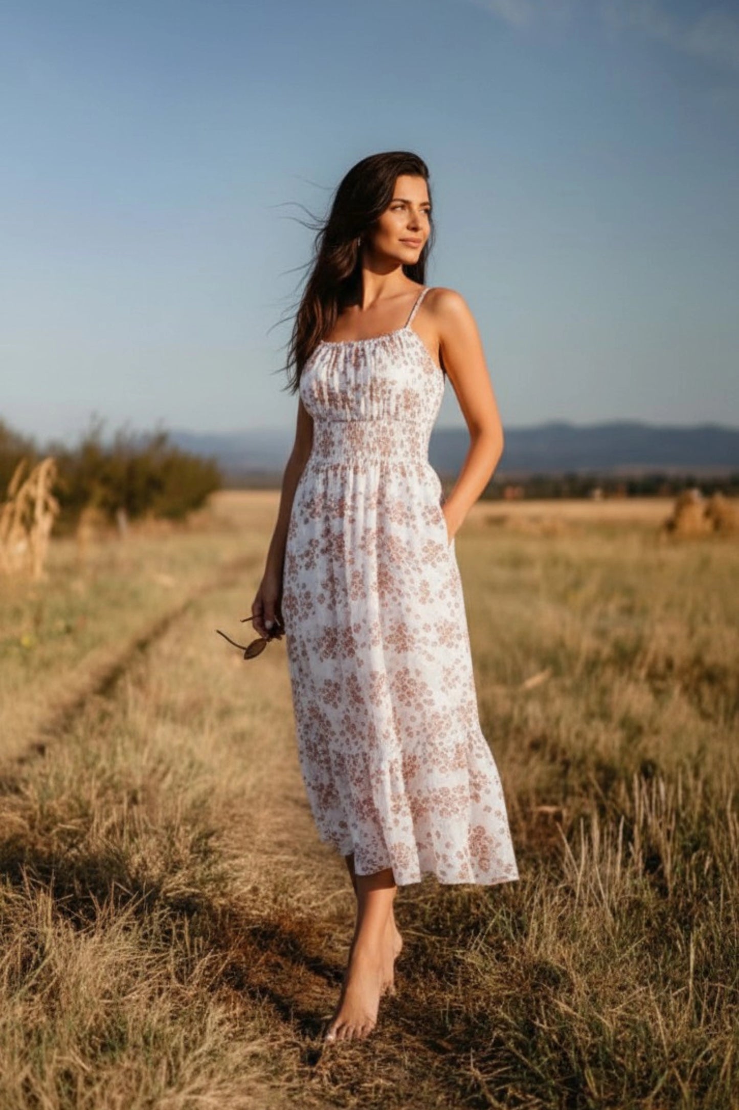 7 floral maxi sundress smocked bodice spaghetti strap tiered ruffle hem  Beige