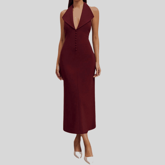 Halter Neck Open-Back Dress with Lapel Collar - Alzya