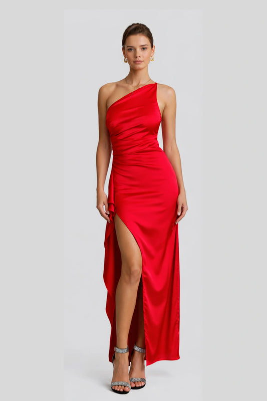 Satin One-Shoulder Maxi Dress with Adjustable Strap Dark