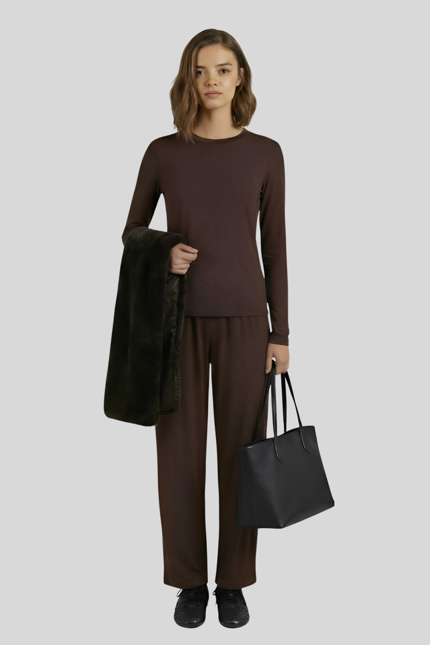 brown-faux-fur-three-piece-set-women Brown