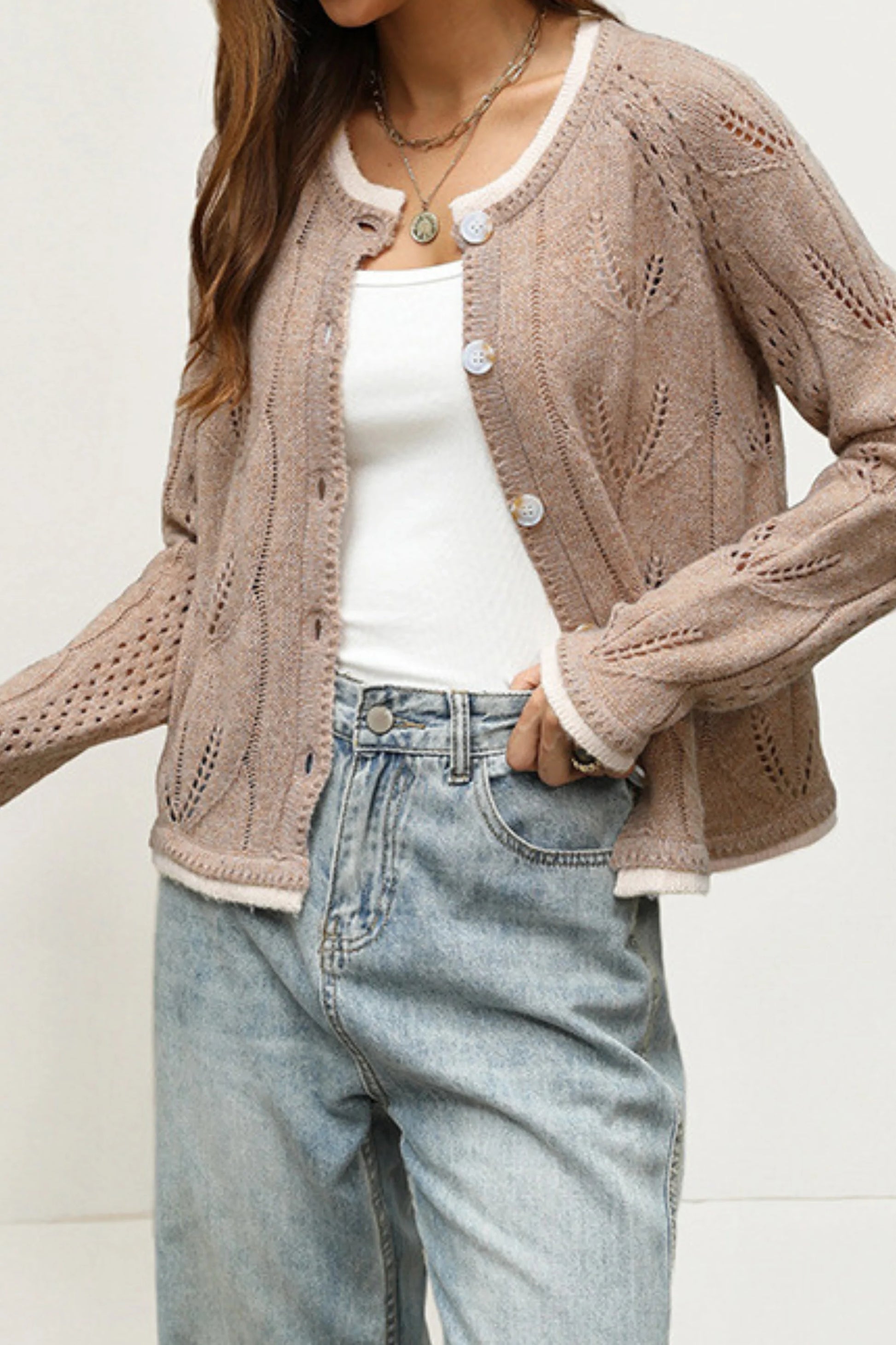 Khaki Open-Knit Button-Front Cardigan with Contrast Trim Khaki