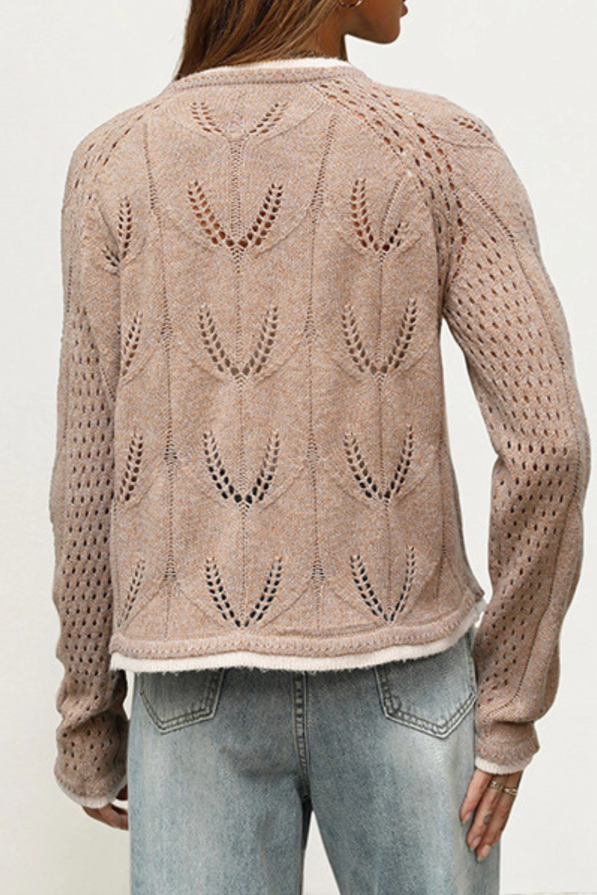 Khaki Open-Knit Button-Front Cardigan with Contrast Trim Khaki