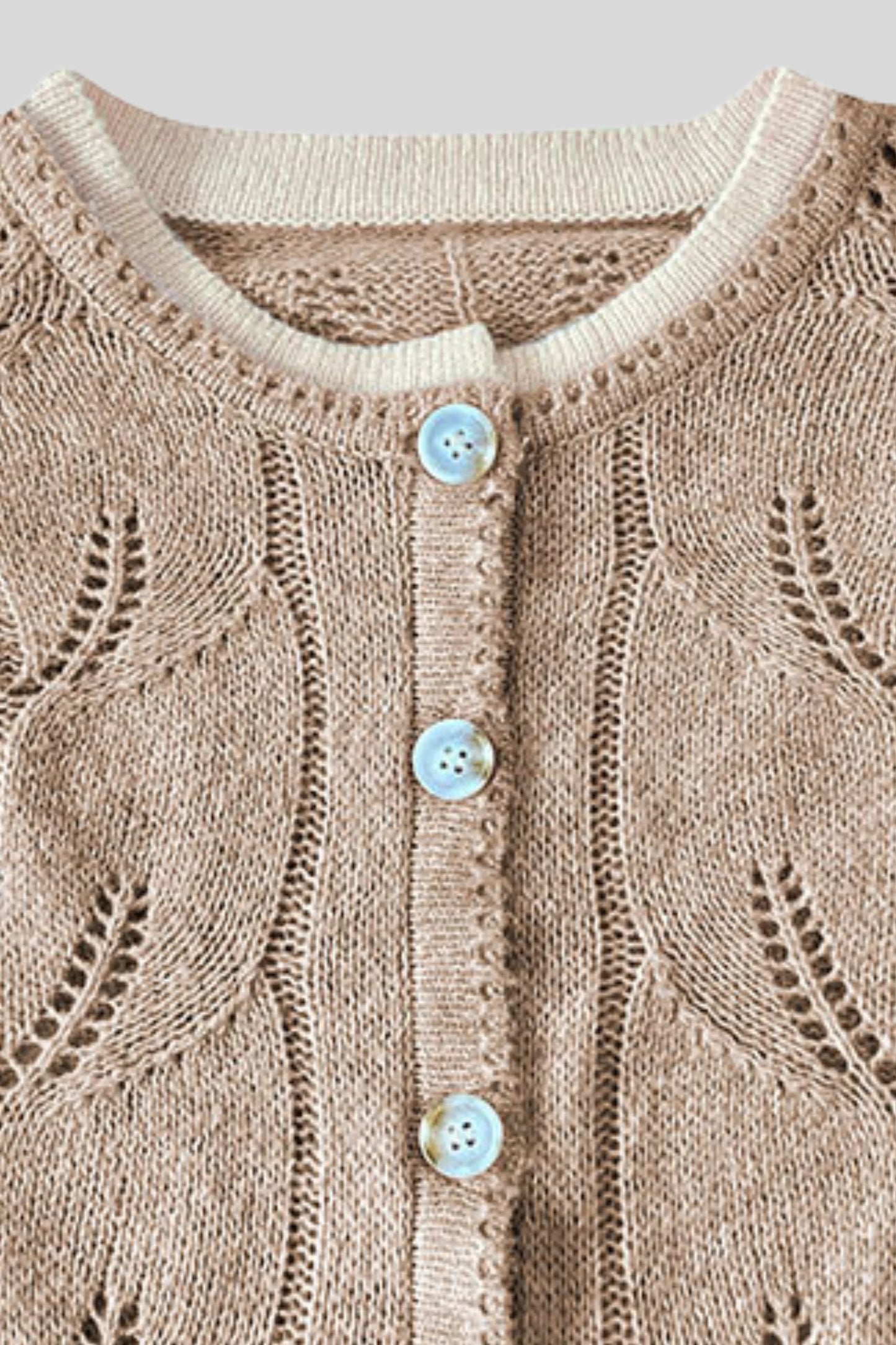 Khaki Open-Knit Button-Front Cardigan with Contrast Trim Khaki