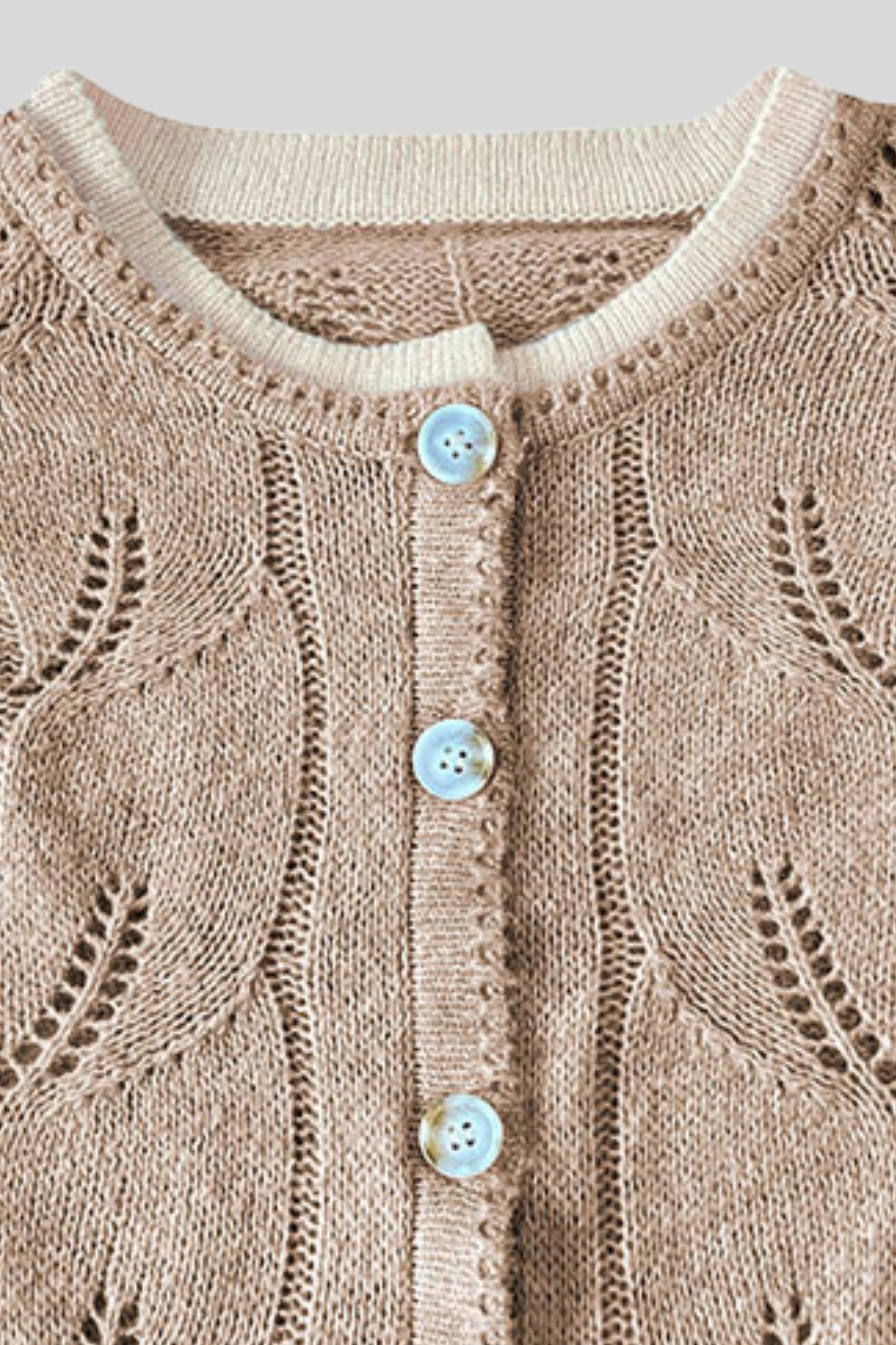 Khaki Open-Knit Button-Front Cardigan with Contrast Trim Khaki