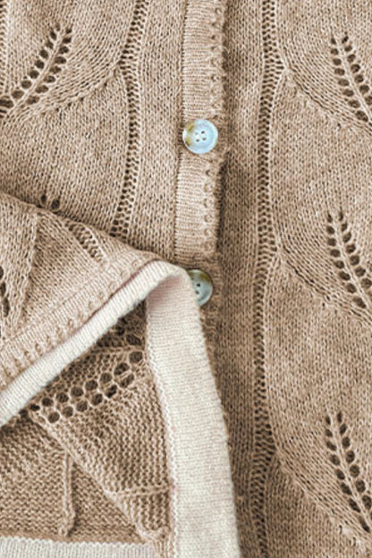 Khaki Open-Knit Button-Front Cardigan with Contrast Trim Khaki