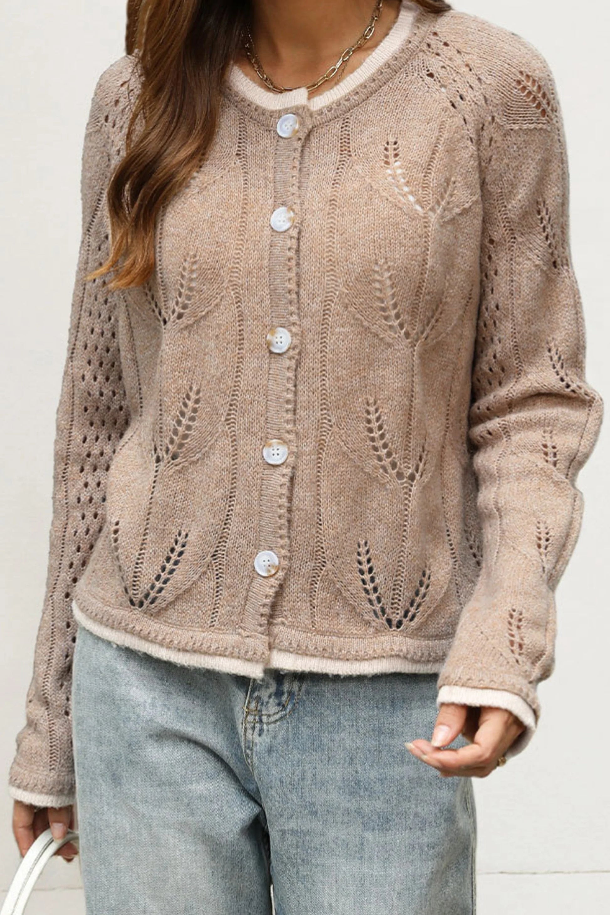 Khaki Open-Knit Button-Front Cardigan with Contrast Trim Khaki