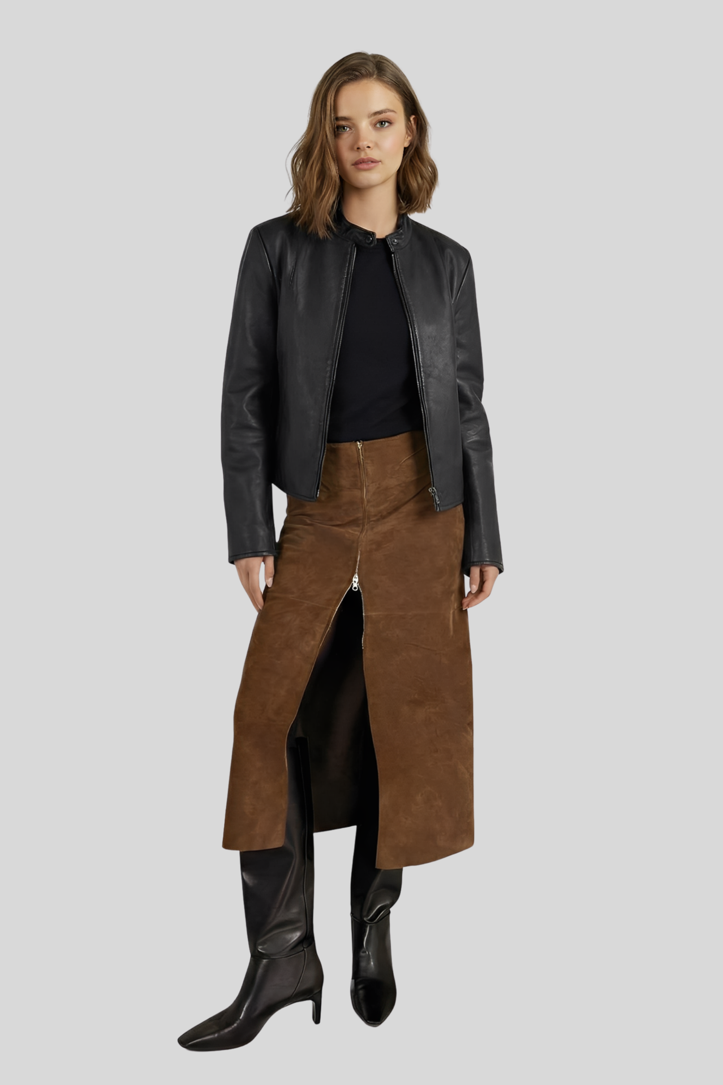 brown-suede-midi-slit-skirt-women Brown
