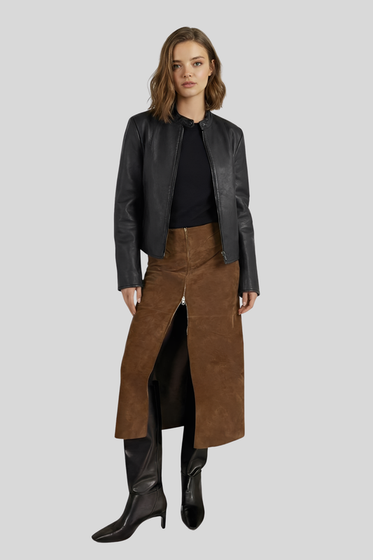 brown-suede-midi-slit-skirt-women Brown