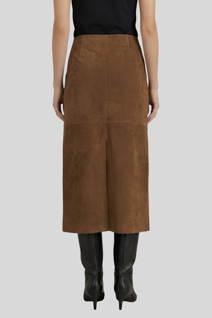 brown-suede-midi-slit-skirt-women Brown