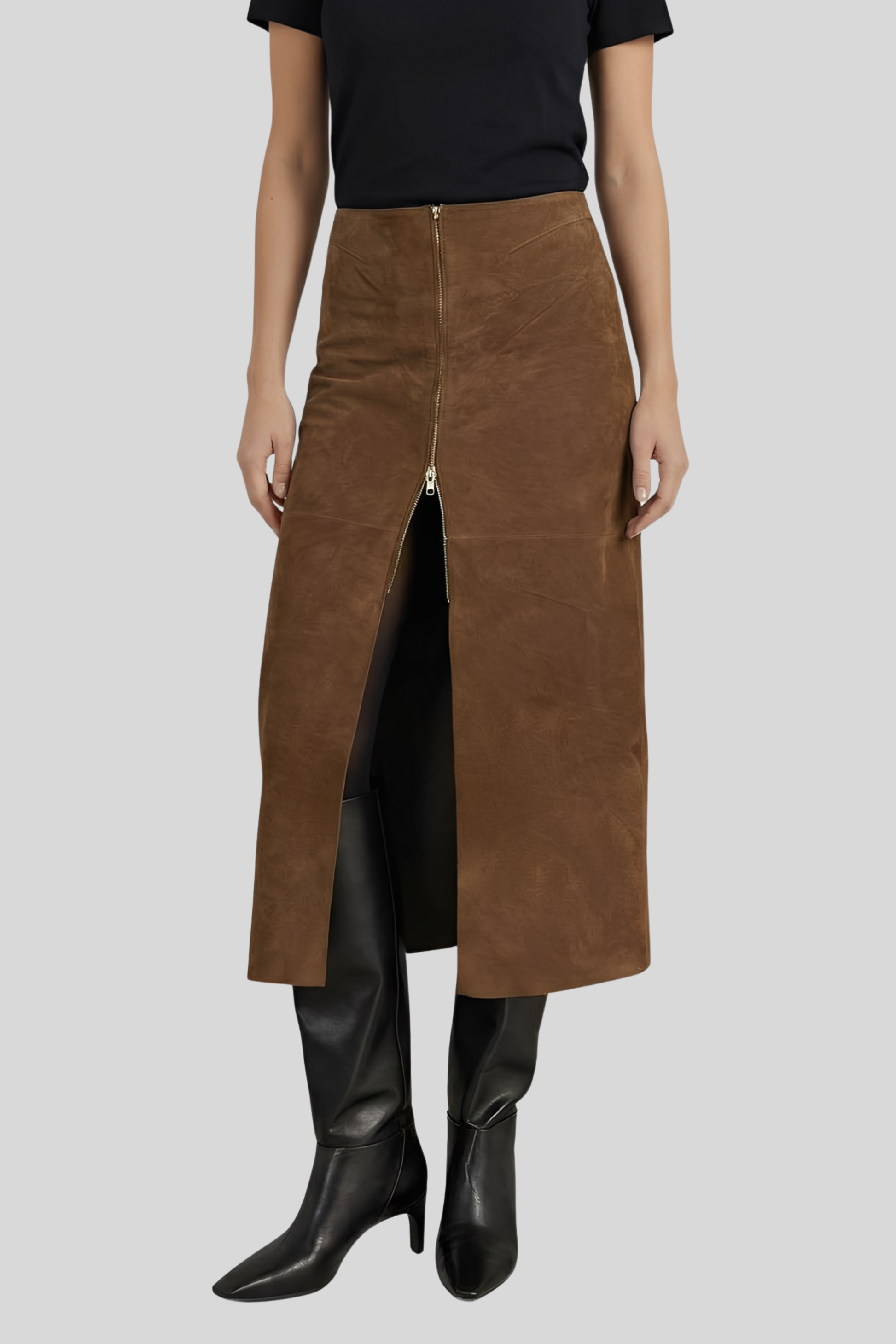 brown-suede-midi-slit-skirt-women Brown