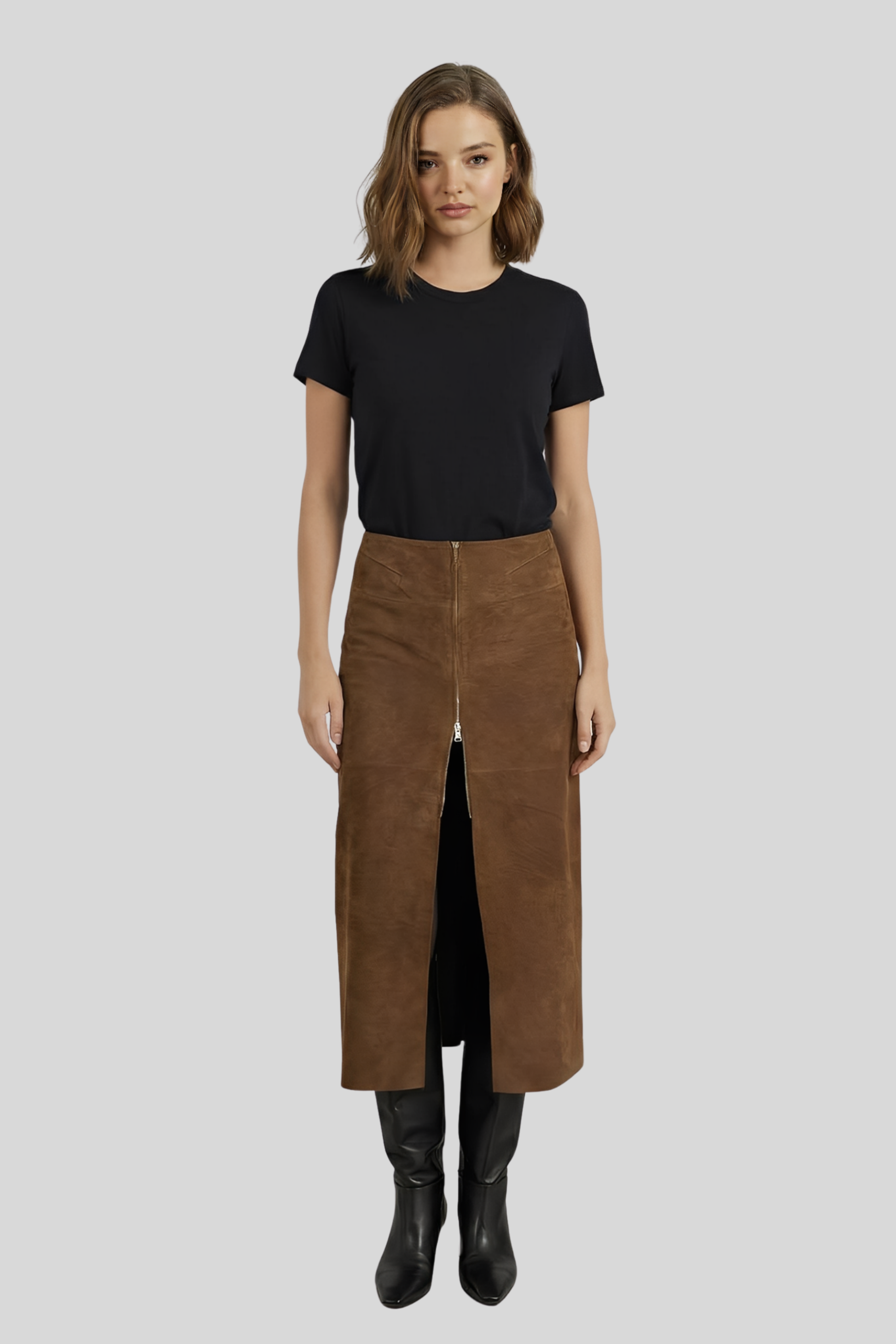 brown-suede-midi-slit-skirt-women Brown
