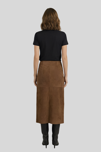 brown-suede-midi-slit-skirt-women Brown