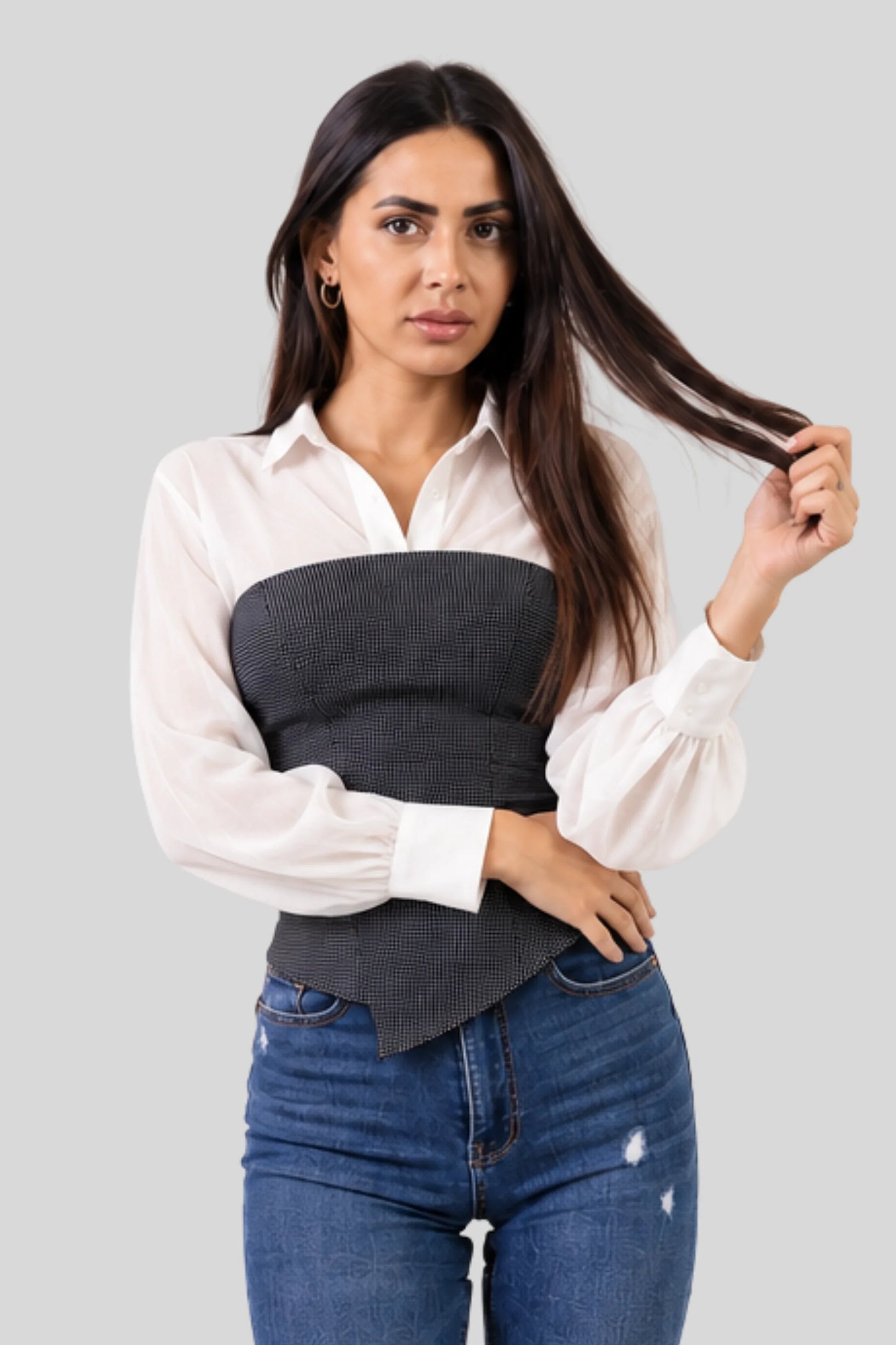 Black Textured Corset Top with Sheer White Long-Sleeve Shirt Black