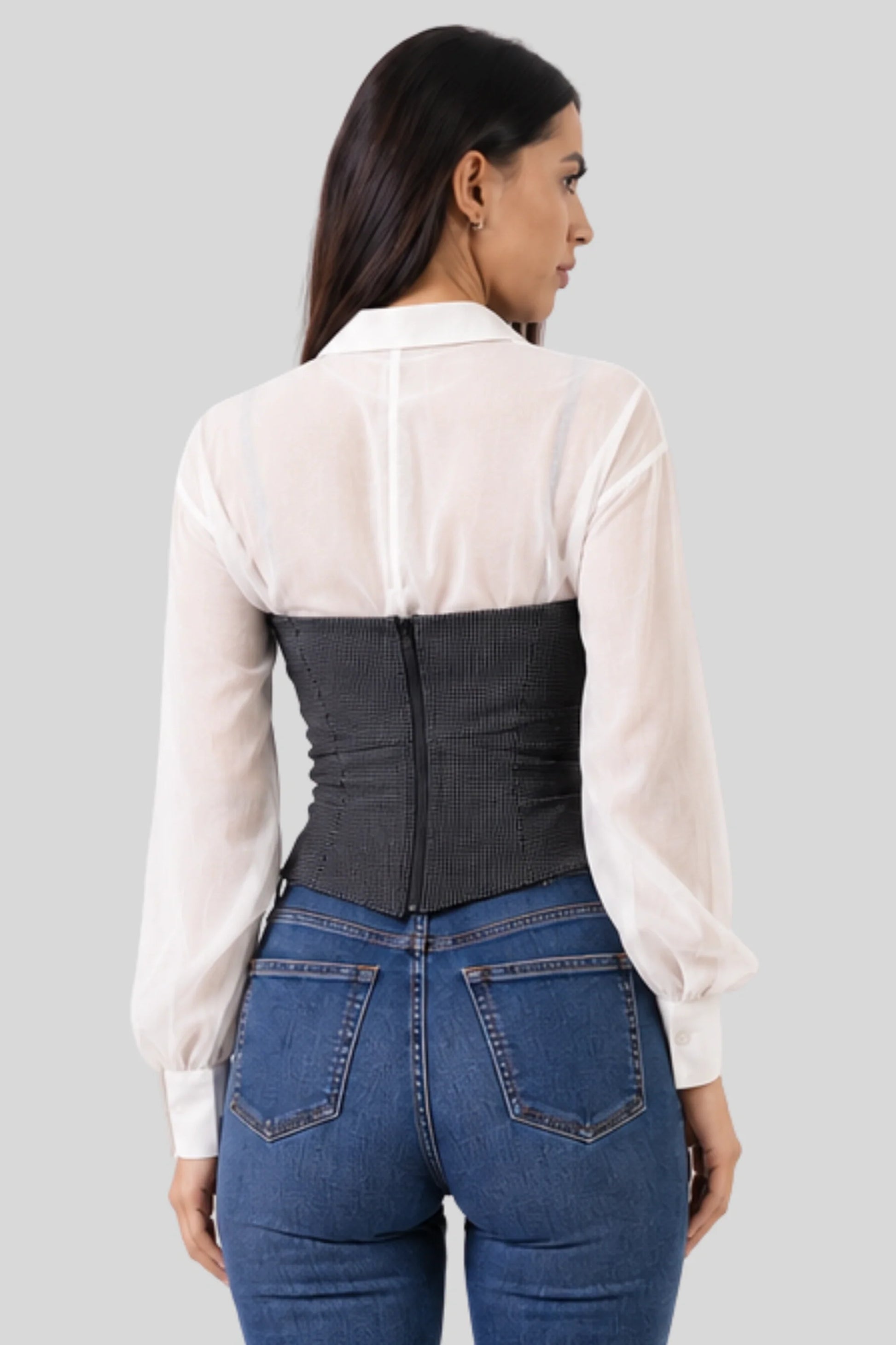 Black Textured Corset Top with Sheer White Long-Sleeve Shirt Black