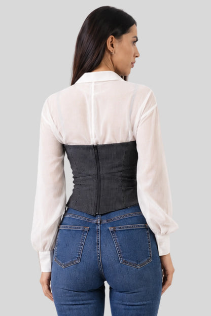 Black Textured Corset Top with Sheer White Long-Sleeve Shirt Black
