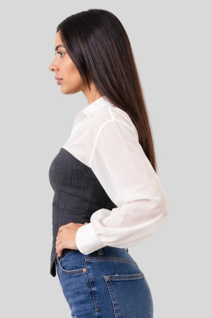 Black Textured Corset Top with Sheer White Long-Sleeve Shirt Black