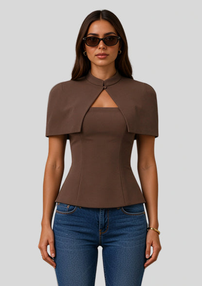 Cape Sleeve Keyhole Peplum Top Brown
